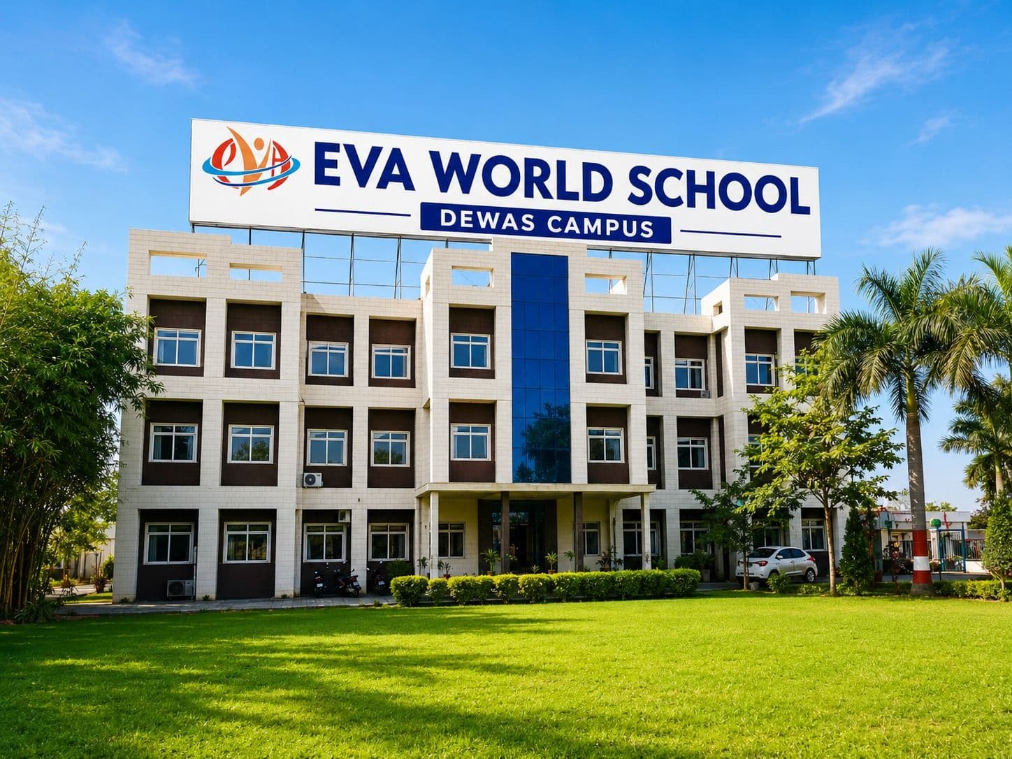 The Eva World School Dewas campus building with its sign and lawn